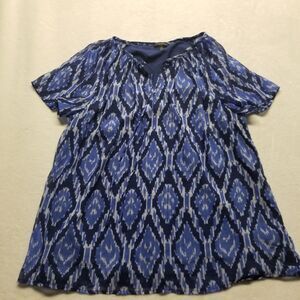 Talbots Medium Top Blouse Chiffon Lined Blue Ikat Layered Boho Classic Preppy
